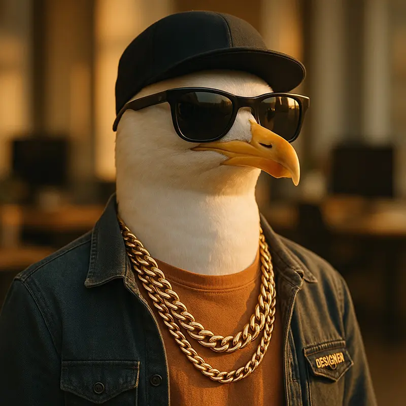 Goéland avec des lunettes noires et une veste en jean